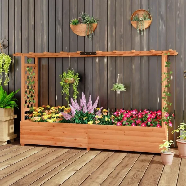 Cama de jardín elevada con enrejado y techo colgante, fiorrera de madera con parte inferior y orificios de drenaje, plano de jardín independiente - Imagen 2