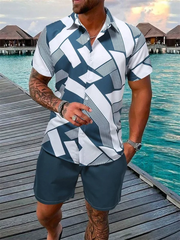 Camisa de manga corta para hombres y pantalones cortos de 2 piezas, conjunto de pantalones cortos con cordón de playa con estampado de árbol de coco a la moda - Imagen 13
