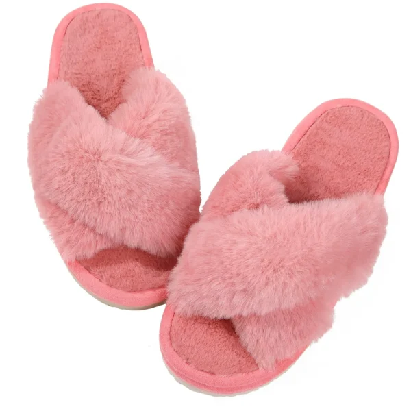Zapatillas de casa peludas a la moda, chanclas de piel esponjosa para mujer, zapatillas planas peludas para dormitorio, zapatos de interior con banda cruzada de suela gruesa - Imagen 8