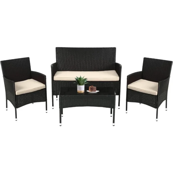 Juego de muebles de patio, 4 piezas, silla de ratán para exteriores, sofá de mimbre, juegos de bistró para conversación de jardín, patio, piscina o patio trasero