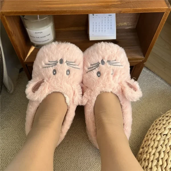 Zapatilla de casa para mujer, piel de invierno, felpa cálida, agarre antideslizante, interior, esponjoso, perezoso, orejas de ratón, zapatos peludos, lindo y divertido