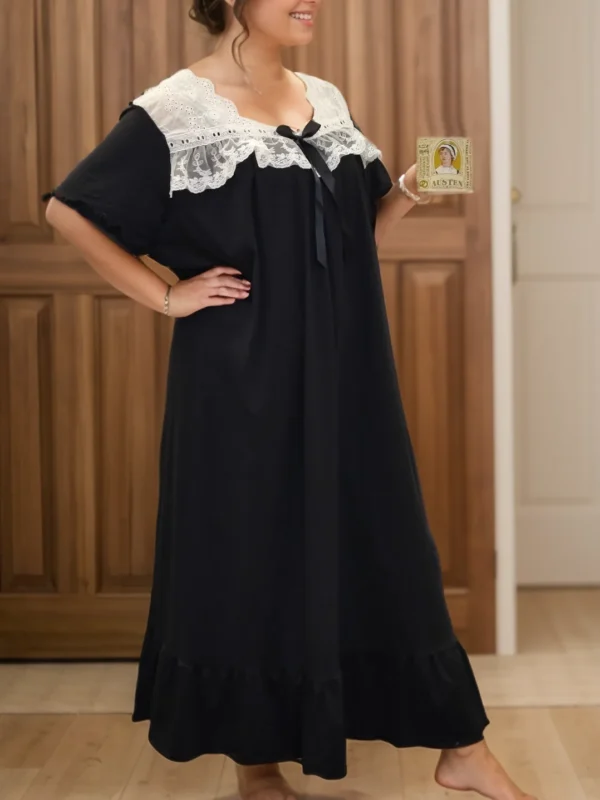 Camisón de encaje blanco sexy para mujer de talla grande - Ropa de dormir holgada de manga corta decorada con lazo negro para fiesta y hogar - Imagen 3