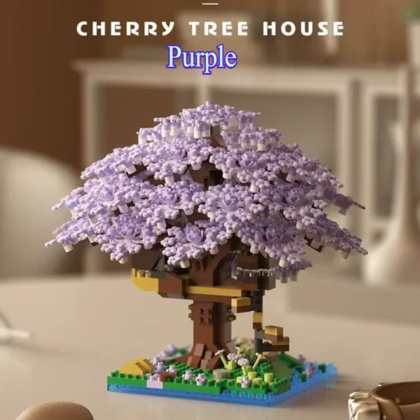 Bloques de construcción modelo clásico ladrillos juguetes para niños DIY púrpura romántico flor de cerezo rosa árbol casa tren montaje - Imagen 2