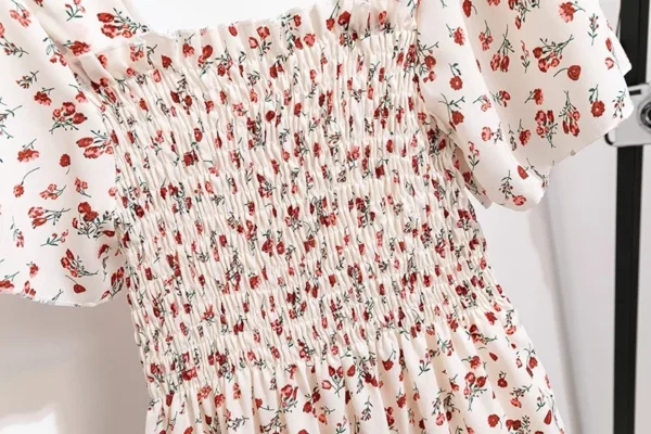 Vestido de gasa de primavera y verano para mujer, vestidos por debajo de la rodilla, manga corta, cintura elástica, estampado Floral, plisado, vestido informal sin espalda - Imagen 6