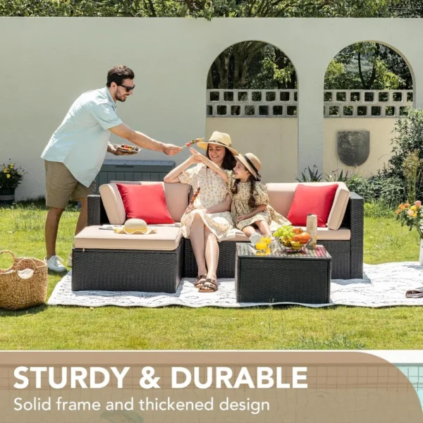 Juego de muebles de Patio de 5 piezas, sofá seccional para Patio exterior para todo tipo de clima, sofás para asientos de Patio de mimbre tejido Manual - Imagen 6