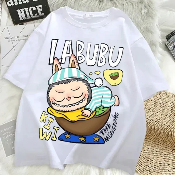 Camisetas Pop Mart Labubu para mujer, moda de Anime, Top de manga corta, camiseta blanca y negra de Hip Hop de verano, ropa de alta calidad - Imagen 8