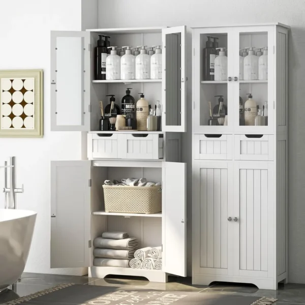 Gabinete de almacenamiento para baño de 67" de alto, gabinete de lino independiente con puertas y estantes de vidrio, gabinete grande para despensa de baño - Imagen 6