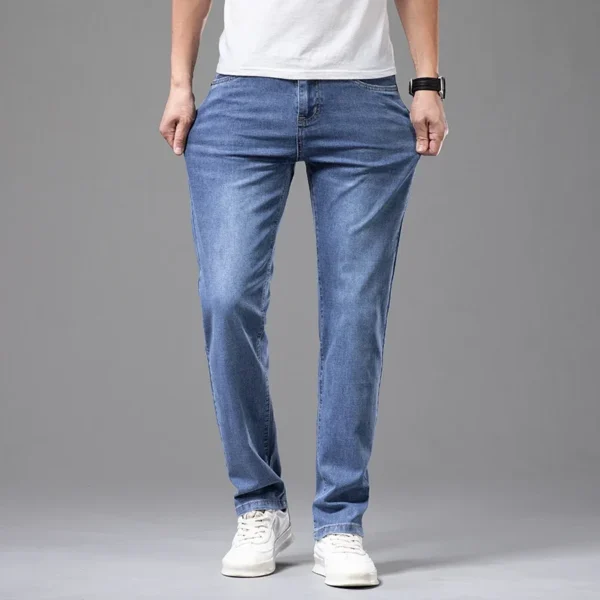Pantalones vaqueros finos de algodón elástico para hombre, pantalón informal, recto, cómodo, color gris, a la moda, para verano - Imagen 4