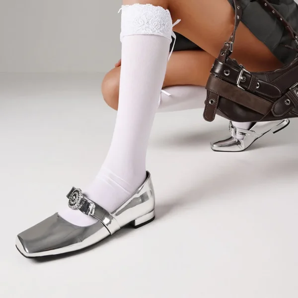 Zapatos planos Mary Jane con diamantes de imitación para mujer, zapatos bajos sin cordones con punta cuadrada, zapatos planos elegantes de lujo para vestido de fiesta - Imagen 6