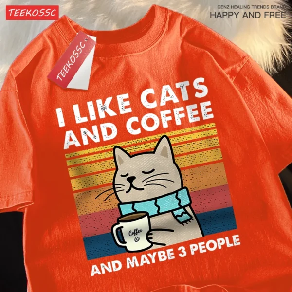 Camiseta I Like Cats And Coffee para hombre y mujer, Camiseta de algodón, ropa holgada de Hip Hop, camiseta de cuello redondo a la moda, ropa de calle para parejas - Imagen 2