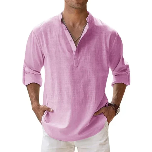 Camisas de lino y algodón para hombres, camisas casuales, camisas ligeras de manga larga Henley Beach, camisetas hawaianas para hombres - Imagen 10