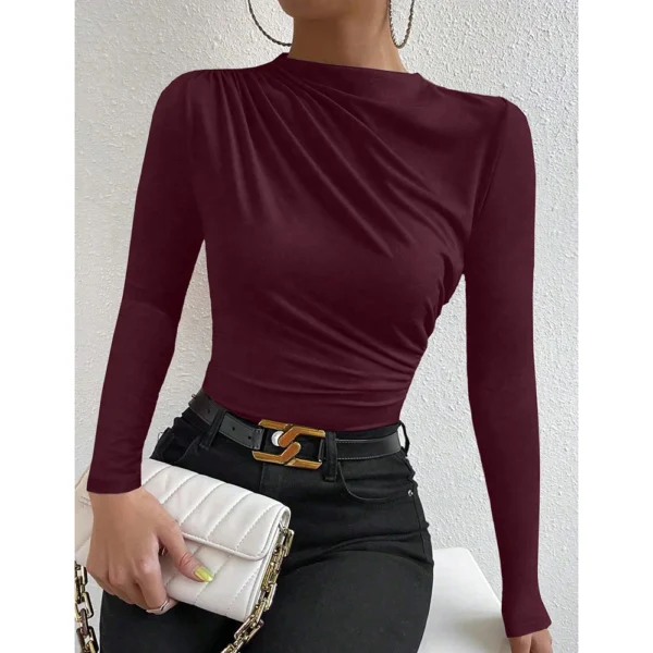 Camisetas de mujer otoño simple liso volante manga larga cuello redondo camisetas casuales regulares Mia Muse - Imagen 4