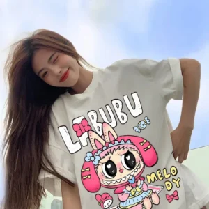 Camisetas Pop Mart Labubu para mujer, moda de Anime, Top de manga corta, camiseta blanca y negra de Hip Hop de verano, ropa de alta calidad