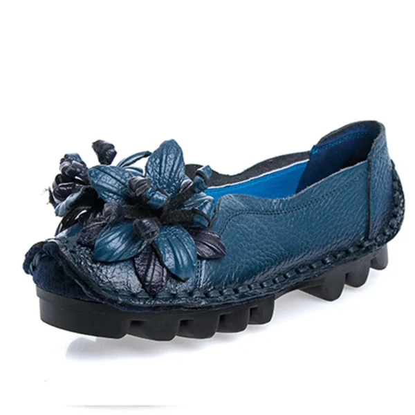 Zapatos planos de cuero genuino para mujer, mocasines antideslizantes con flores, mocasines Retro de talla grande 41 42 - Imagen 8