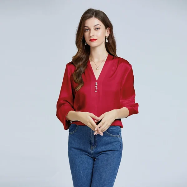 Camisas 100% de seda para mujer, blusas de diseñador, ropa de lujo para mujer, blusa con manga acampanada y cuello en V con botones de diamantes para mujer - Imagen 7