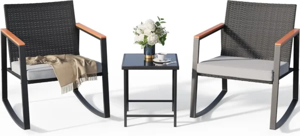 Juego de bistró mecedora para Patio de 3 piezas con reposabrazos antiescaldaduras, juego de muebles de mimbre para Patio exterior con mesa de cristal y cojín - Imagen 8