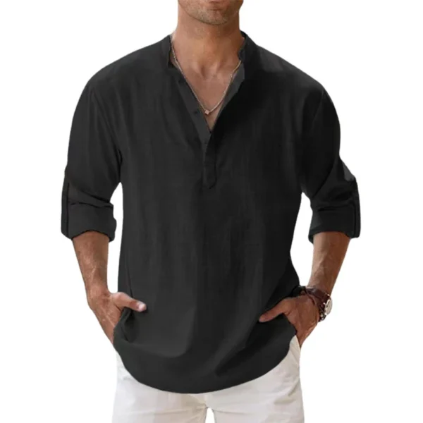 Camisas de lino y algodón para hombres, camisas casuales, camisas ligeras de manga larga Henley Beach, camisetas hawaianas para hombres - Imagen 2
