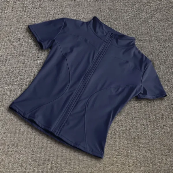 Tops de entrenamiento adelgazantes de cintura de alta calidad para mujer, camisas de Yoga de manga corta con cuello levantado ajustado de secado rápido y cremallera completa, verano - Imagen 8