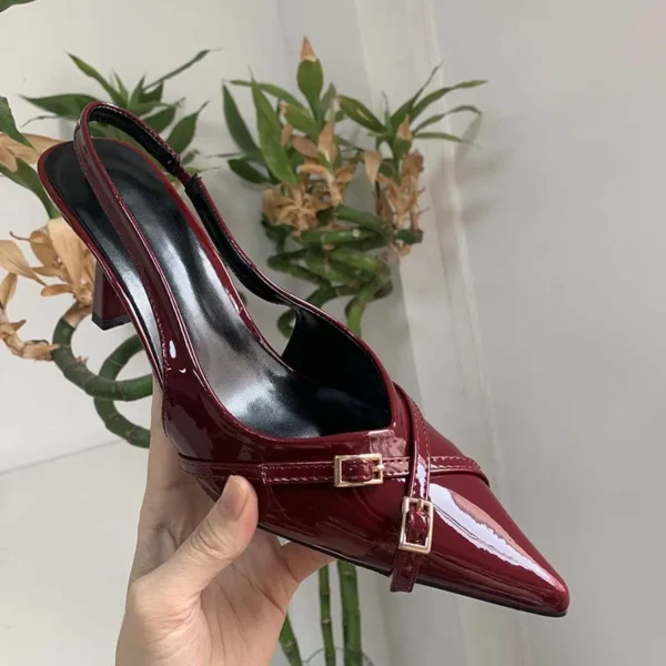 Sandalias femeninas de moda, tacones rojos a la moda, zapatos de tacón para mujer, calzado con talón descubierto, zapatos con hebilla y punta estrecha, zapatos de tacón para mujer - Imagen 5