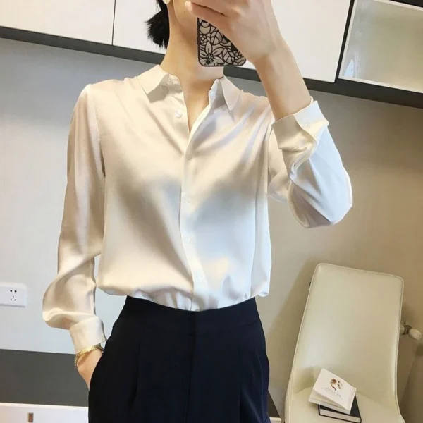 Camisas y blusas con acabado satinado que combinan con todo, ropa de mujer, Top informal OL, camisas elegantes con botones de manga larga, blusas sólidas francesas - Imagen 9