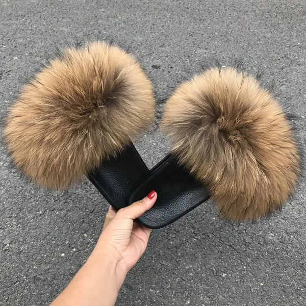 Zapatillas deslizantes de piel de mapache para mujer, zapatillas planas con punta abierta, de felpa para interiores, para el hogar, dormitorio, peludas, informales, cómodas para exteriores - Imagen 2