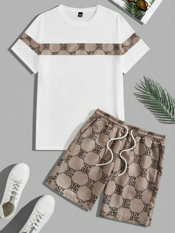 Traje de hombre retro con letras impresas con cuello redondo, Camiseta corta, traje cómodo y transpirable, traje de dos piezas para hombre - Imagen 8