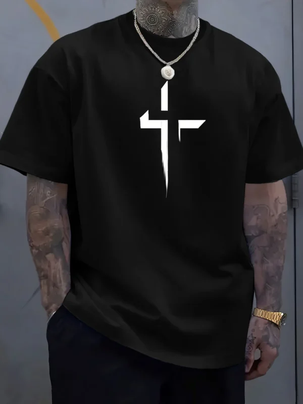 Camiseta de manga corta con cuello redondo para hombre, 100% de algodón puro, informal, holgada, de talla grande, con estampado creativo cruzado, deportiva, cómoda, de verano - Imagen 3