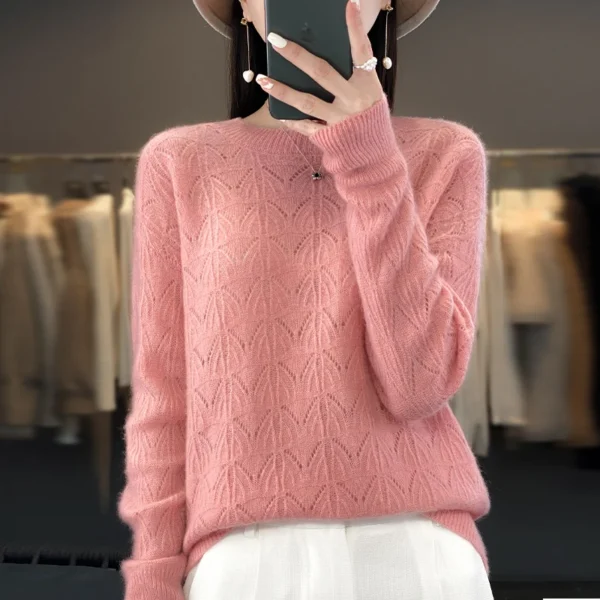 Suéter de punto nuevo para mujer, Top calado, 100% de lana merina, jersey con cuello redondo, suéter de Cachemira, primavera y otoño - Imagen 2