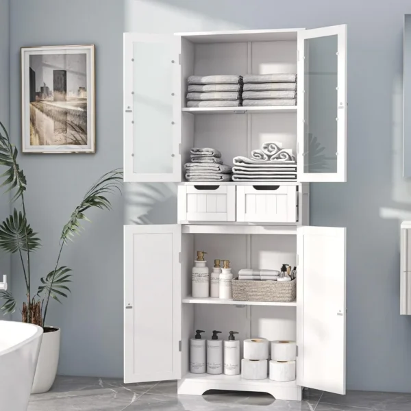 Gabinete de almacenamiento para baño de 67" de alto, gabinete de lino independiente con puertas y estantes de vidrio, gabinete grande para despensa de baño - Imagen 2
