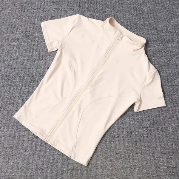Tops de entrenamiento adelgazantes de cintura de alta calidad para mujer, camisas de Yoga de manga corta con cuello levantado ajustado de secado rápido y cremallera completa, verano - Imagen 10