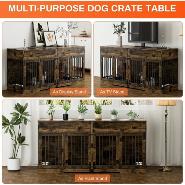 Muebles tipo jaula para perros de 72 pulgadas para 2 perros, muebles tipo perrera grande con 2 cajones de almacenamiento y 4 tazones, jaula para perros de madera con extraíble - Imagen 6