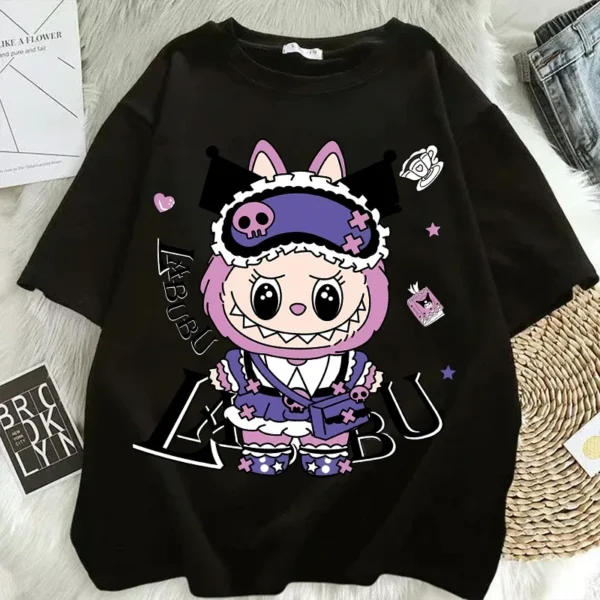 Camisetas Pop Mart Labubu para mujer, moda de Anime, Top de manga corta, camiseta blanca y negra de Hip Hop de verano, ropa de alta calidad - Imagen 3
