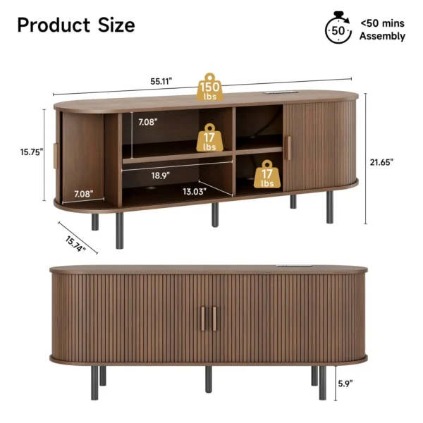 Mueble para TV Mueble de salón con toma de corriente para televisores de hasta 60/70", mesa para TV con puertas correderas, estantes ajustables de almacenamiento - Imagen 3