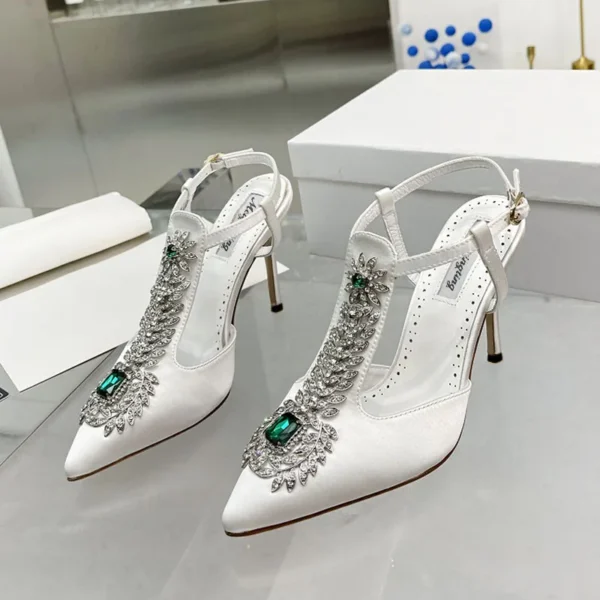 Zapatos de boda para mujer, sandalias de tacón alto con punta estrecha y diamantes de imitación, sandalias de tacón de aguja con piedras preciosas de satén, zapatos de boda con bomba de hadas Baotou 2022 - Imagen 4