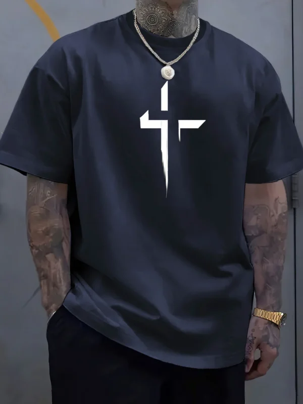 Camiseta de manga corta con cuello redondo para hombre, 100% de algodón puro, informal, holgada, de talla grande, con estampado creativo cruzado, deportiva, cómoda, de verano - Imagen 5