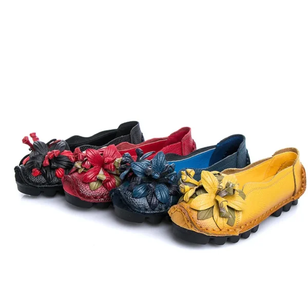 Zapatos planos de cuero genuino para mujer, mocasines antideslizantes con flores, mocasines Retro de talla grande 41 42 - Imagen 2