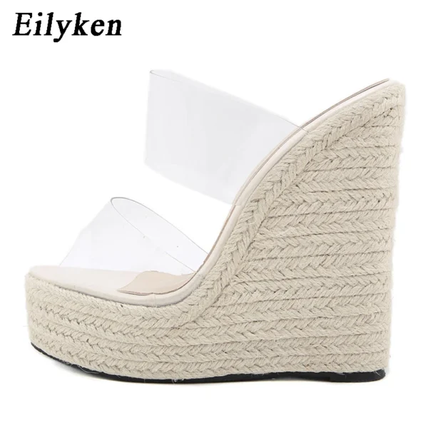 Zapatillas de verano de PVC transparente con punta abierta, zapatillas tejidas de paja, sandalias de cuña con plataforma, zapatos de tacón alto a la moda para mujer - Imagen 7