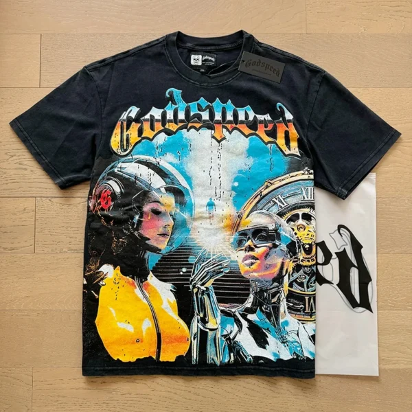 Camiseta hombres mujeres High Street Fire impreso cuello redondo manga corta pareja suelta Casual Top camiseta Foto Real Godspeed - Imagen 6