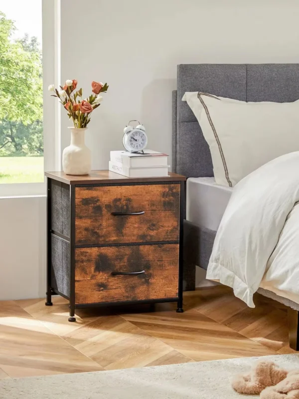 Mesita de noche, sofá de café, mesa de té, armario de almacenamiento, pecho, exhibición de ropa para dormitorio, 2 cajones de tela, mueble