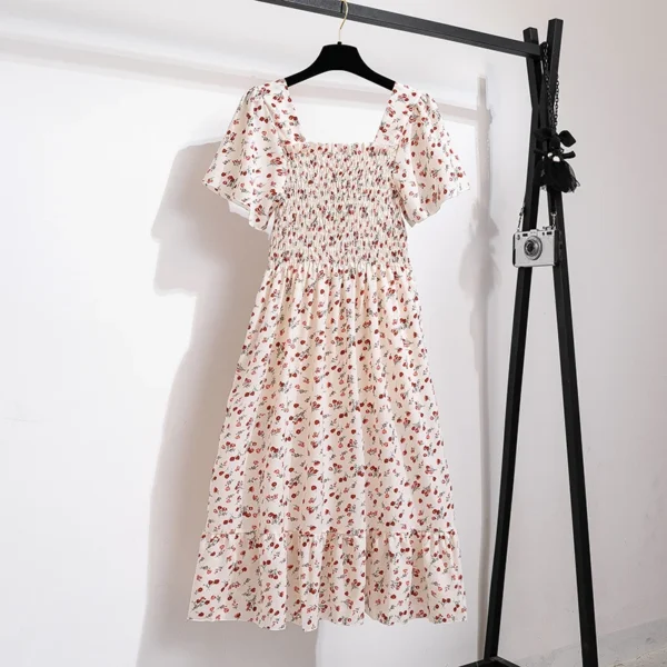 Vestido de gasa de primavera y verano para mujer, vestidos por debajo de la rodilla, manga corta, cintura elástica, estampado Floral, plisado, vestido informal sin espalda - Imagen 7