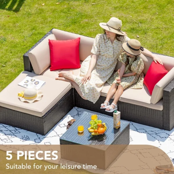 Juego de muebles de Patio de 5 piezas, sofá seccional para Patio exterior para todo tipo de clima, sofás para asientos de Patio de mimbre tejido Manual - Imagen 5