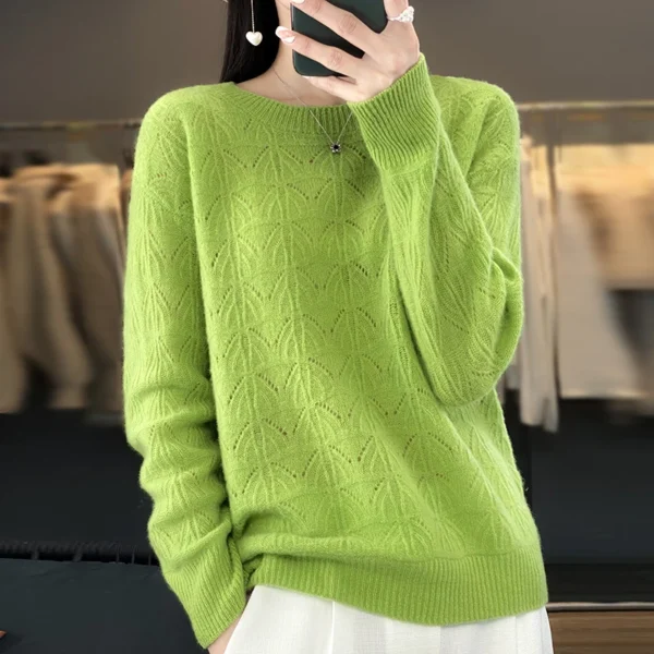 Suéter de punto nuevo para mujer, Top calado, 100% de lana merina, jersey con cuello redondo, suéter de Cachemira, primavera y otoño - Imagen 13