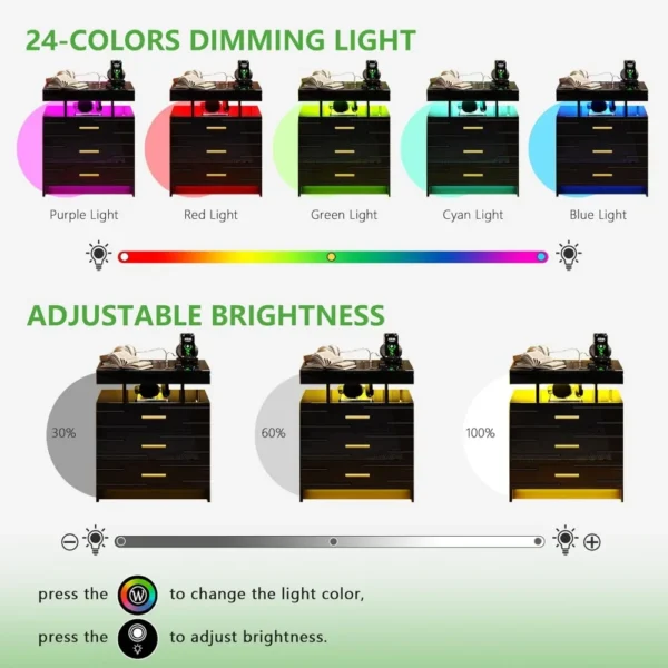 Mesita de noche con luces automáticas, mesitas de noche de alto brillo con estación de carga inalámbrica, mesita de noche con 3 cajones - Imagen 4