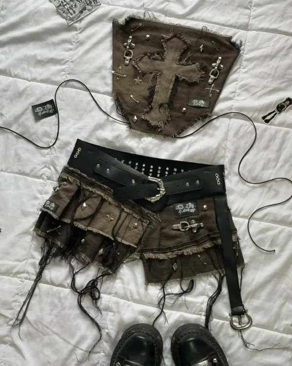 Mini Falda plisada traje ropa de calle americano nueva moda Denim costura lavado viejo de dos piezas mujeres Y2K Harajuku gótico - Imagen 5