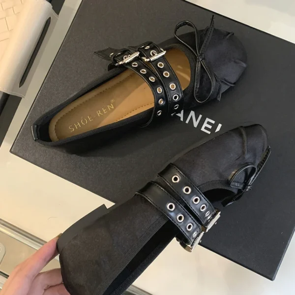 Zapatos de baile Lolita para mujer, bailarinas, calzado de diseñador, hebilla con nudo de mariposa, zapatos de punta redonda de seda a la moda para mujer - Imagen 3