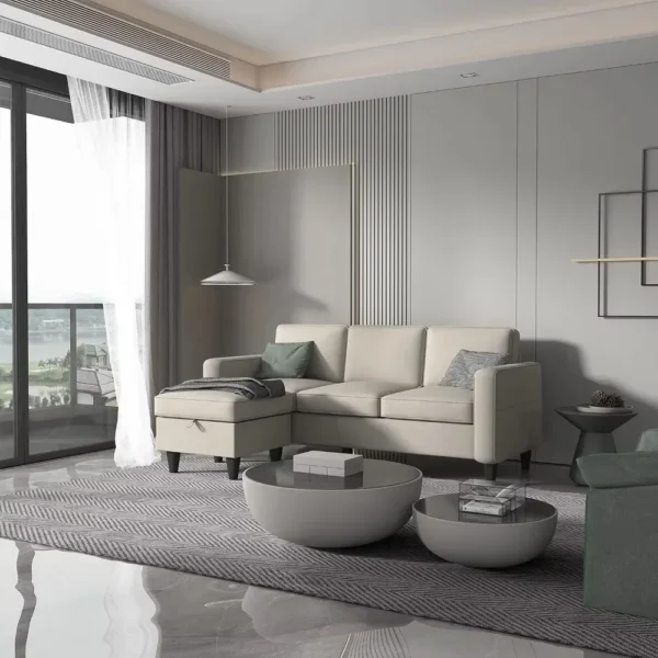 Juego de muebles de sofá de 3 asientos de tela de lino moderno seccional convertible en forma de L con otomana de almacenamiento - Imagen 3