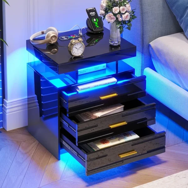 Mesita de noche con luces automáticas, mesitas de noche de alto brillo con estación de carga inalámbrica, mesita de noche con 3 cajones - Imagen 5
