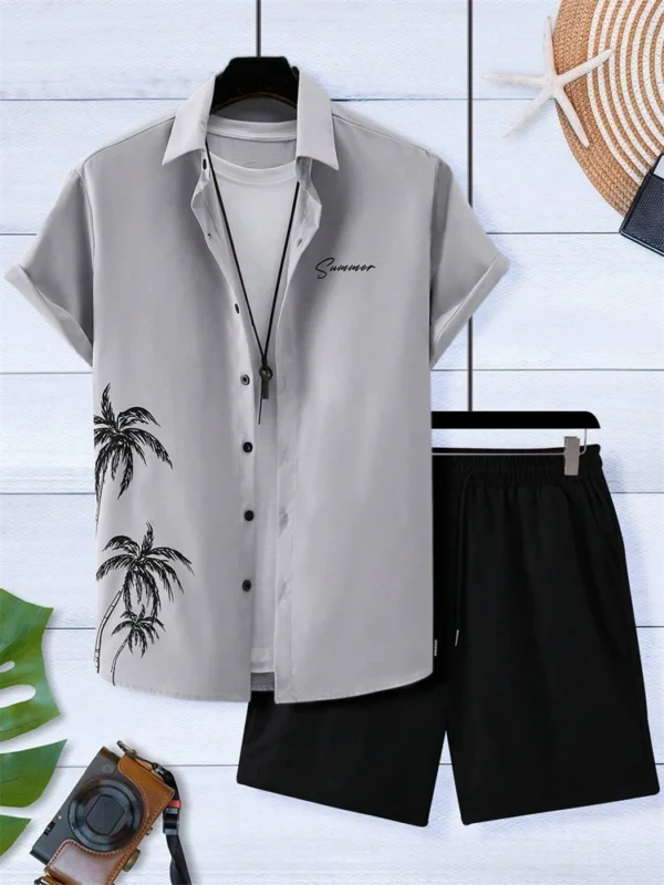 Camisa de manga corta para hombres y pantalones cortos de 2 piezas, conjunto de pantalones cortos con cordón de playa con estampado de árbol de coco a la moda - Imagen 4