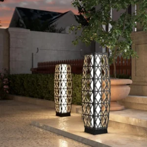 Pieza de lámpara de pie de linterna de mimbre tejida con energía solar para exteriores, decoración para terraza, jardín, césped, porche, medio Cindy,