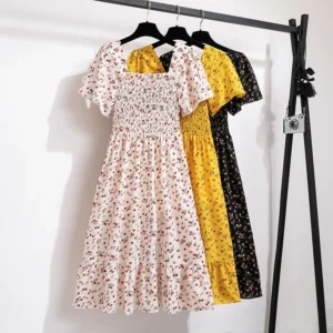 Vestido de gasa de primavera y verano para mujer, vestidos por debajo de la rodilla, manga corta, cintura elástica, estampado Floral, plisado, vestido informal sin espalda